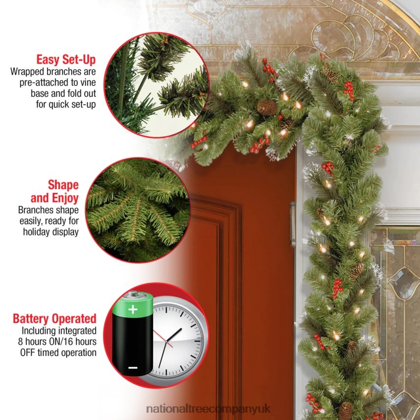Greenery | National Tree Company Pre-Lit Artificial Christmas Garland Green Crestwood Spruce White Lights Decorated with Pine Cones Berry Clusters Battery Operated Christmas Collection 9 Feet
